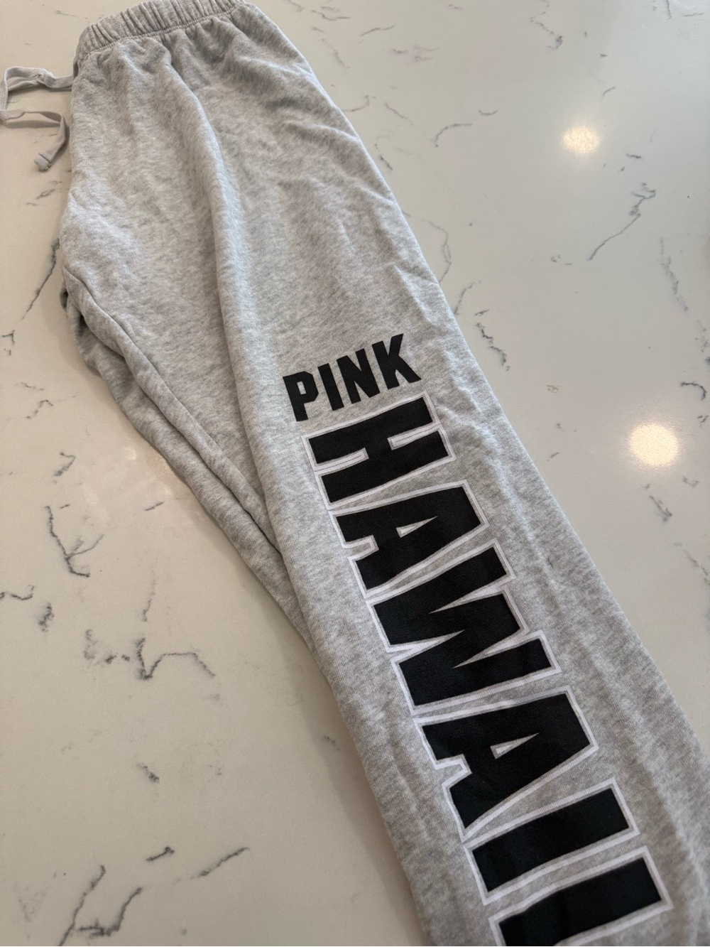 PINK Victoria's Secret Light Gray Joggers with Black 'HAWAII' Lettering